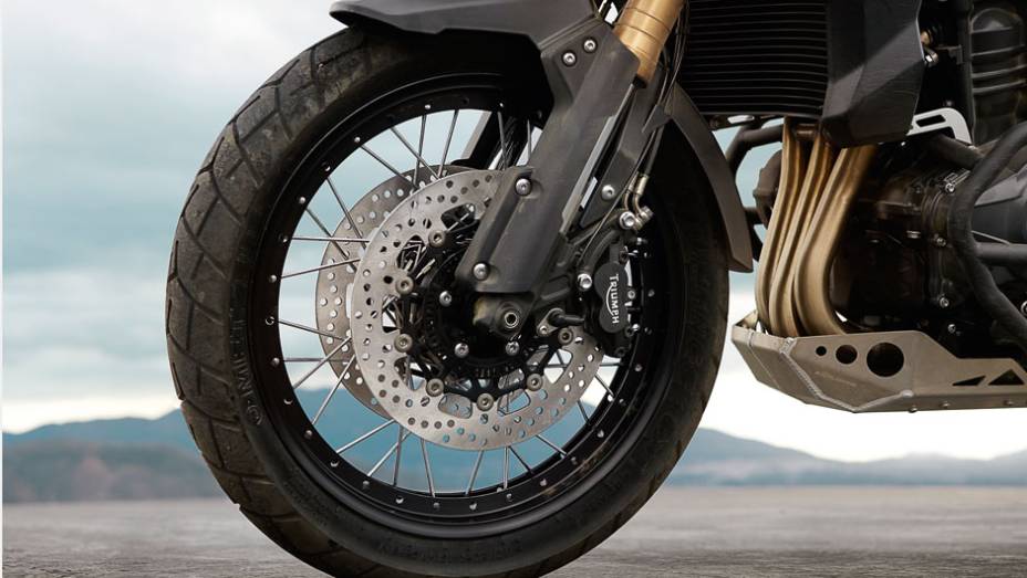 Detalhe do disco duplo de freio com pinças Nissin e sistema ABS | <a href="https://gutenberg.quatrorodas.abril.com.br/moto/noticias/triumph-revela-lancamentos-salao-duas-rodas-756393.shtml" rel="migration">Leia mais</a>