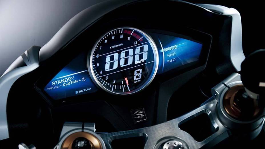 Detalhe do painel de instrumentos, bastante moderno e futurista | <a href="https://gutenberg.quatrorodas.abril.com.br/moto/noticias/suzuki-mostra-recursion-concept-761664.shtml" rel="migration">Leia mais</a>