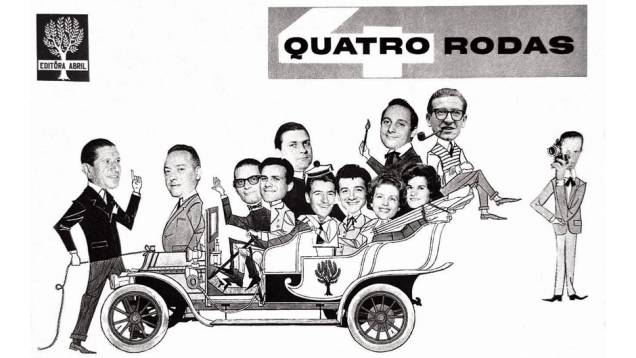 Primeira equipe da redação QUATRO RODAS em charge publicada na edição de dezembro de 1960. Roberto Civita, então diretor de publicidade, foi retratado na traseira do carro, de óculos. Primeira equipe da redação QUATRO RODAS em charge publicada na edição de dezembro de 1960. Roberto Civita, então diretor de publicidade, foi retratado na traseira do carro, de óculos.