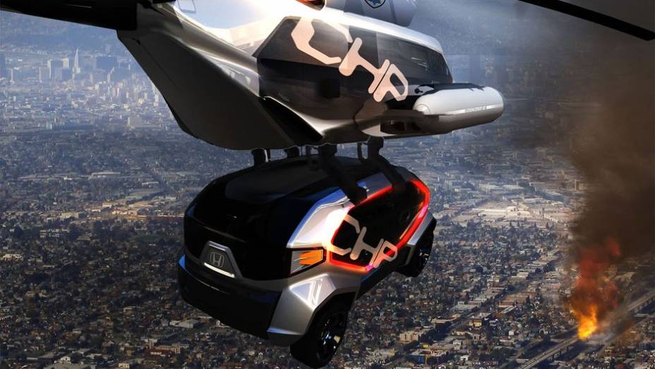 Fugindo um pouco do padr&atilde;o, a Honda apresentou dois projetos. O primeiro &eacute; o CHP Drone Squad. | <a href="https://gutenberg.quatrorodas.abril.com.br/noticias/tecnologia/salao-los-angeles-define-tema-desafio-design-721841.shtml" rel="migration">Leia mais</a>