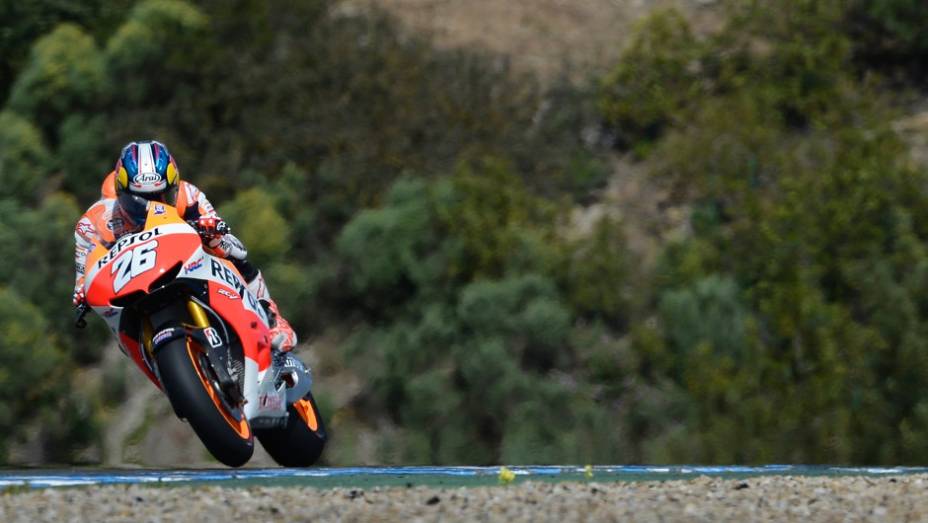 Dani Pedrosa (Repsol Honda Team) ficou com o segundo lugar em Jerez no sábado (23) | <a href="https://gutenberg.quatrorodas.abril.com.br/moto/noticias/motogp-yamaha-lidera-testes-jerez-737049.shtml" rel="migration">Leia mais</a>