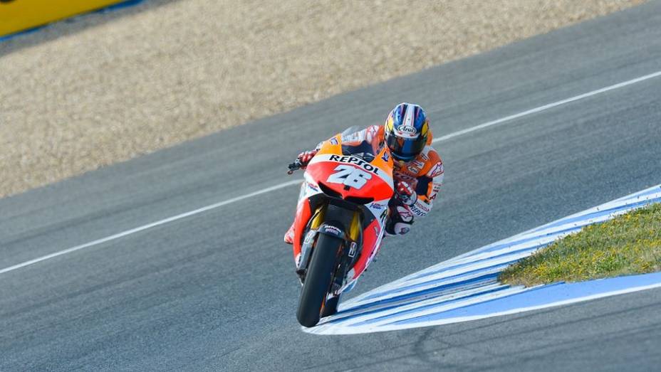 Dani Pedrosa foi o segundo mais rápido do dia | <a href="https://gutenberg.quatrorodas.abril.com.br/moto/noticias/motogp-lorenzo-lidera-treinos-jerez-740399.shtml" rel="migration">Leia mais</a>