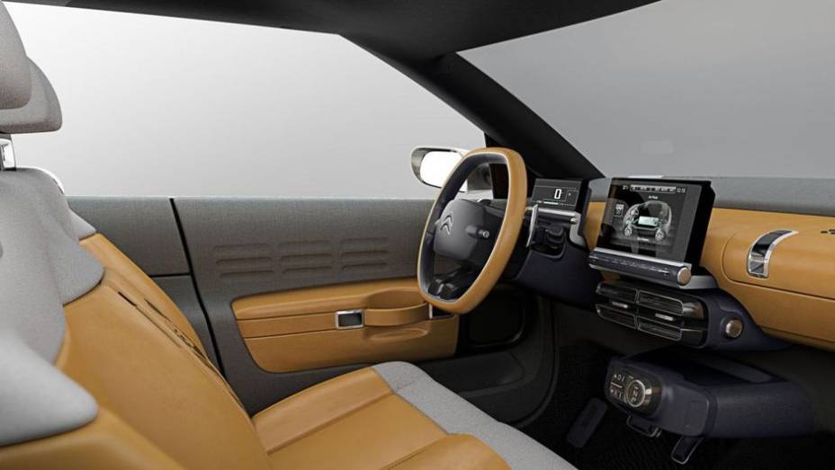 ...revestimento interno em couro com detalhes metálicos e sistema multimídia - que sugere a presença de motorização híbrida ou elétrica | <a href="https://gutenberg.quatrorodas.abril.com.br/saloes/frankfurt/2013/citroen-cactus-concept-752359.shtml" rel="migration">Leia mais</a>