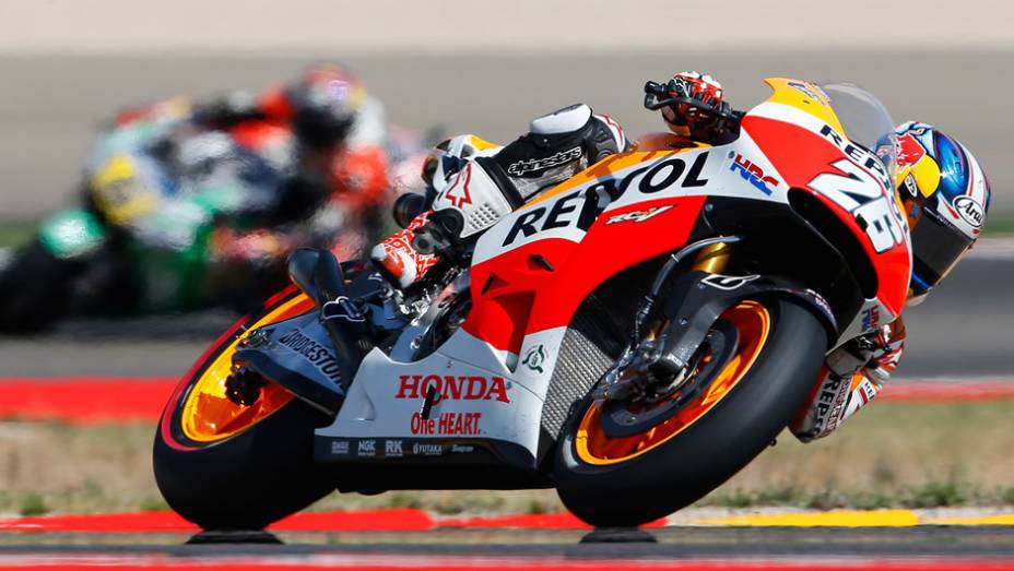 Dani Pedrosa terminou o dia na terceira posição | <a href="https://gutenberg.quatrorodas.abril.com.br/moto/noticias/motogp-dovizioso-lidera-treinos-aragon-802709.shtml" rel="migration">Leia mais</a>