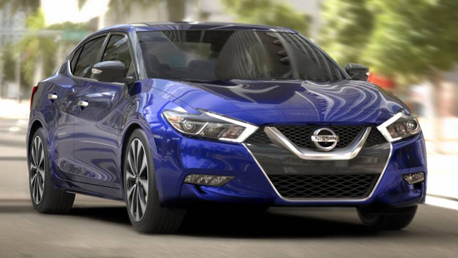 O novo Nissan Maxima adota a mais moderna linguagem de design da montadora | <a href="https://gutenberg.quatrorodas.abril.com.br/noticias/saloes/new-york-2015/nissan-maxima-surge-renovado-nova-iorque-852660.shtml" rel="migration">Leia mais</a>