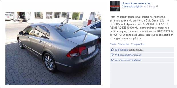 Falso sorteio de Honda Civic engana usuários do Facebook