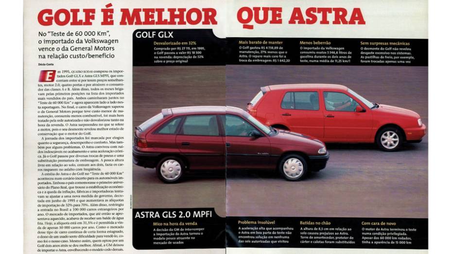 VW Golf e Chevrolet Astra: em uma iniciativa inusitada, QUATRO RODAS decidiu testar e desmontar dois dos m&eacute;dios mais desejados do pa&iacute;s naquela &eacute;poca, ap&oacute;s rodar 60 mil quil&ocirc;metros | <a href="https://gutenberg.quatrorodas.abril.com.br/acervodigital/home.aspx?edicao=4" rel="migration"></a>