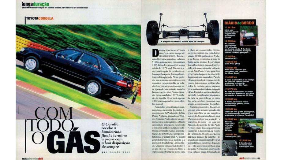 Toyota Corolla: o primeiro modelo da marca japonesa testado no Longa Dura&ccedil;&atilde;o praticamente n&atilde;o apresentou problemas s&eacute;rios e se despediu com a mesma boa-forma de sempre | <a href="https://gutenberg.quatrorodas.abril.com.br/acervodigital/home.aspx?edicao=489&pg=103" rel="migration">L</a>