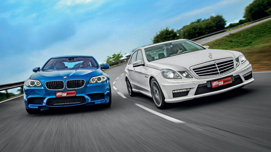 Saias aerodin&acirc;micas e rodas esportivas comp&otilde;em o visual destes sed&atilde;s | <a href="https://gutenberg.quatrorodas.abril.com.br/carros/comparativos/bmw-m5-x-mercedes-benz-63-amg-737606.shtml" rel="migration">Leia mais</a>