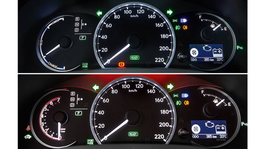 Painel que muda de configuração (e de cor) conforme o modo de condução escolhido pelo motorista | <a href="https://gutenberg.quatrorodas.abril.com.br/carros/lancamentos/lexus-ct-200h-f-sport-743425.shtml" rel="migration">Leia mais</a>