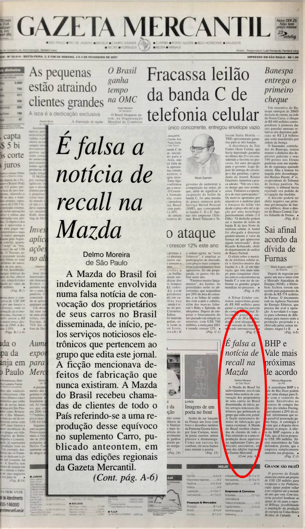 A errata na capa da Gazera Mercantil A errata na capa da Gazera Mercantil