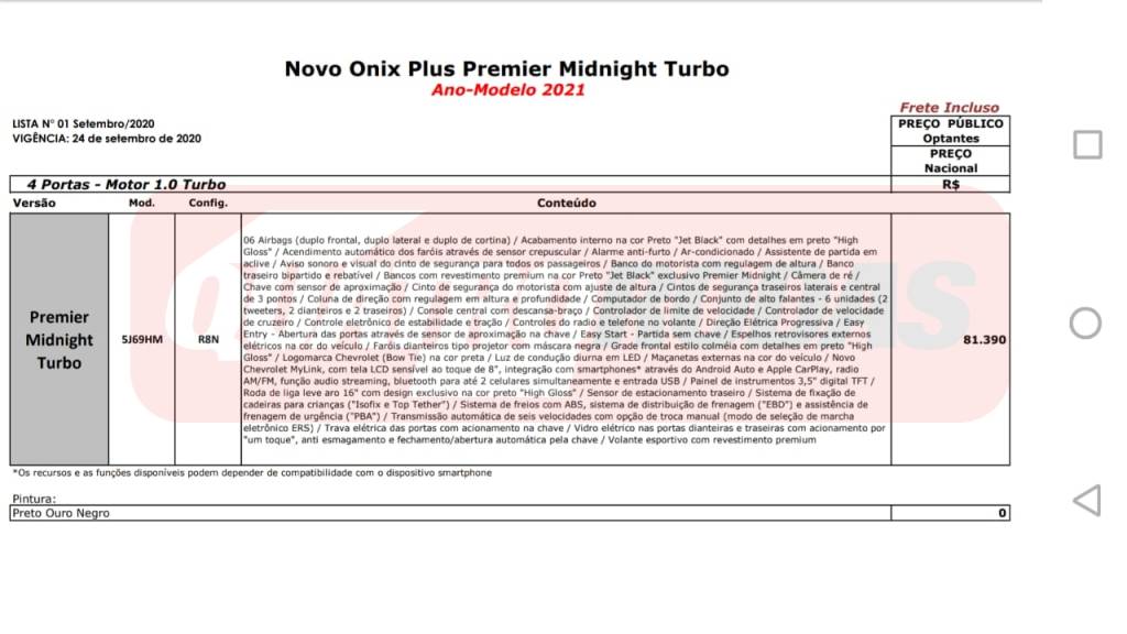 Preço Onix RS 2021 Preço Onix RS 2021