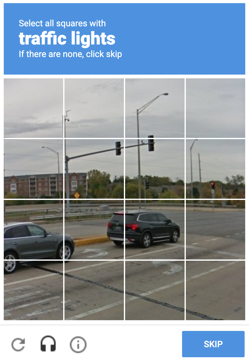 Example-of-v2-reCAPTCHA A diferença entre os técnicos da Youse e quem preenche questionários como o da foto é quem está sendo treinado. No segundo caso, são sistemas de direção autônoma