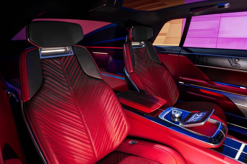Cadillac CELESTIQ show car Rear seats and middle console of the Cadillac CELESTIQ show car. Show car images displayed throughout (not for sale).