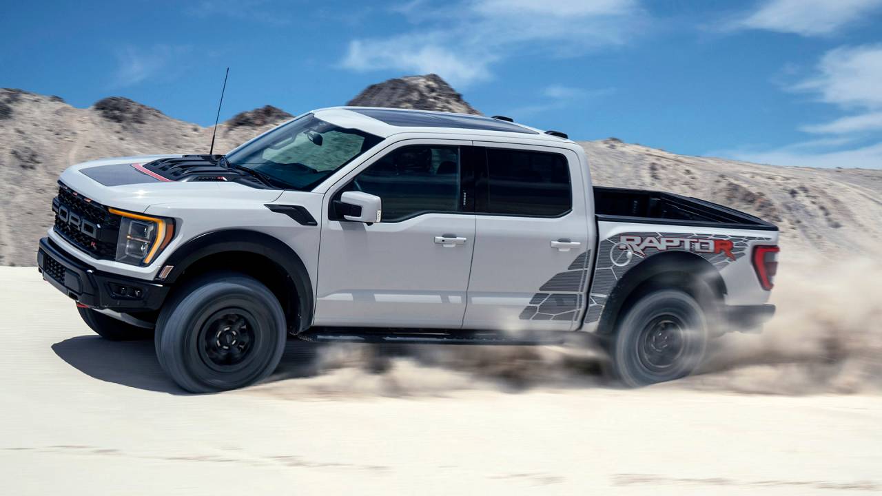 Preproduction model with optional equipment shown. Available late 2022.Professional driver on a closed course. Always consult the Raptor supplement to the Owner’s Manual before off-road driving, know your terrain and trail difficulty, and use appropriate safety gear.